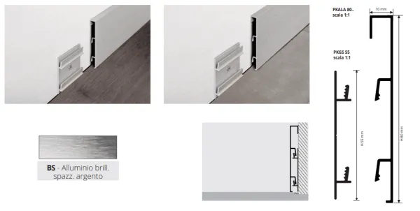 PKLTBS 80, alu sokl kvadratni, H.80 mm, L:2m, srebro brušeno
