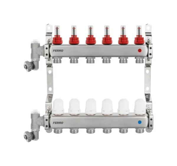 Inox razdjelnik s mjeračima protoka, term./odzrač. i 8-put. ventilom